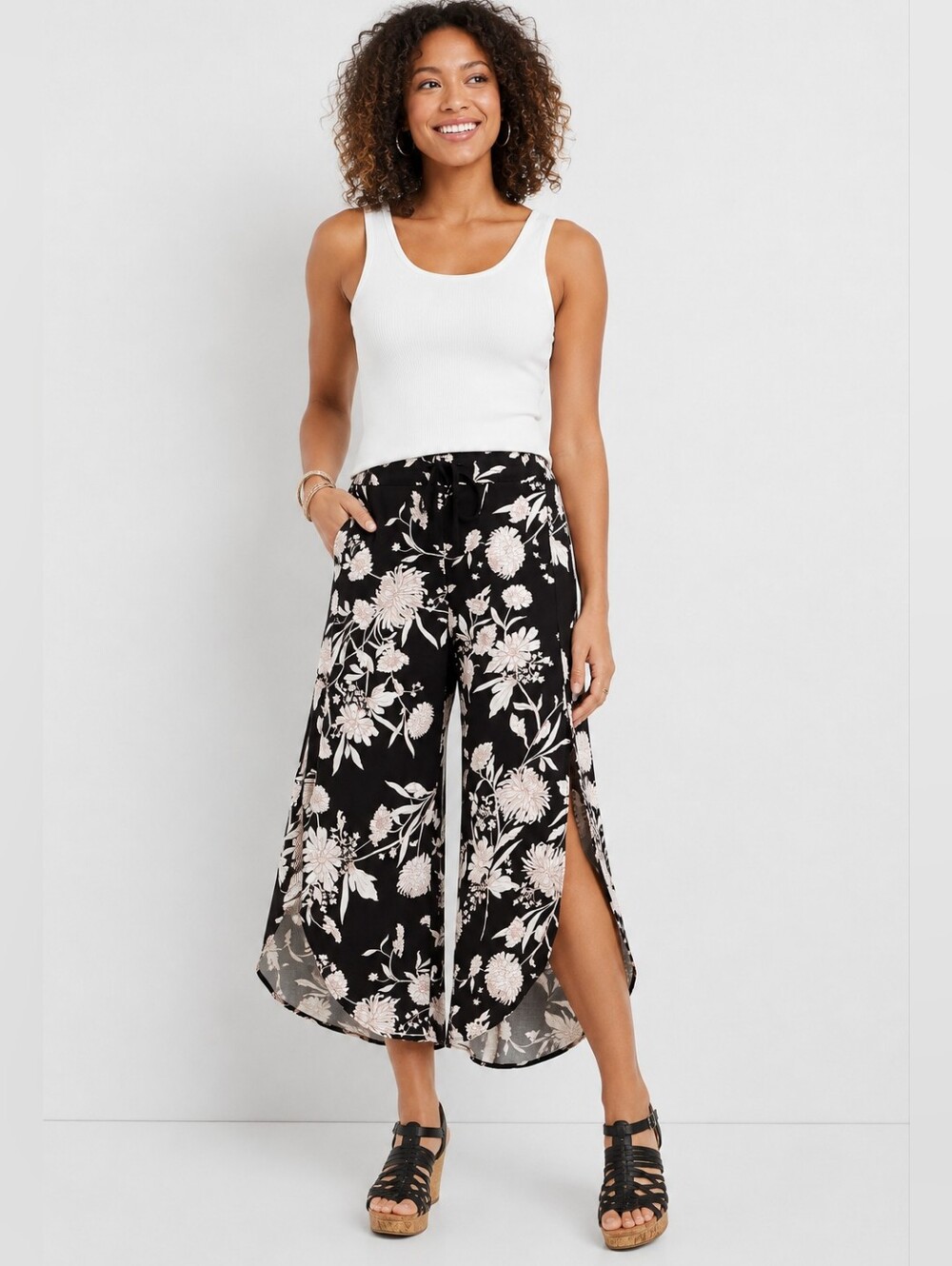 Maurices Floral Flyaway Pants Black Split Leg Cropped Small